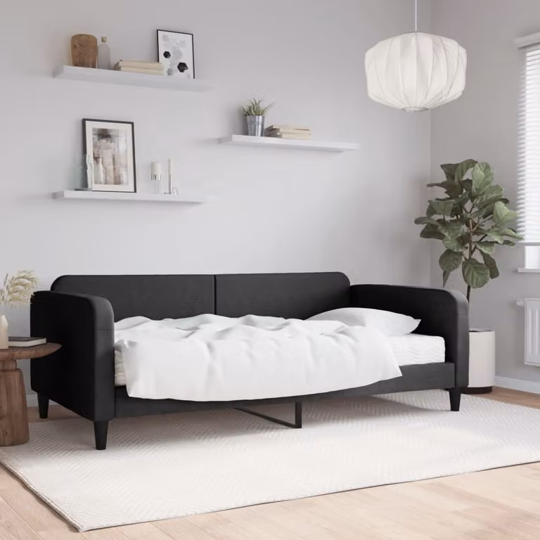 vidaXL Divano Letto Moderno con Materasso in Tessuto Nero L/P/H: 223 x 100 x 75 cm
