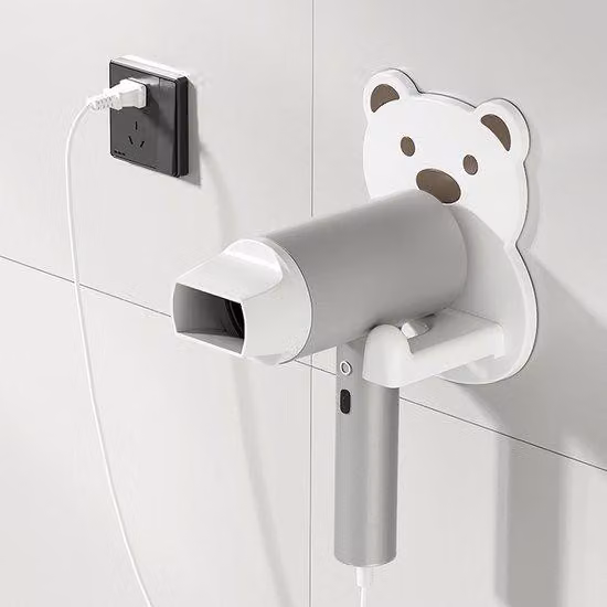 Supporto da parete per asciugacapelli, portaoggetti per il bagno, montaggio a parete, supporto per asciugacapelli con contenitore portaoggetti