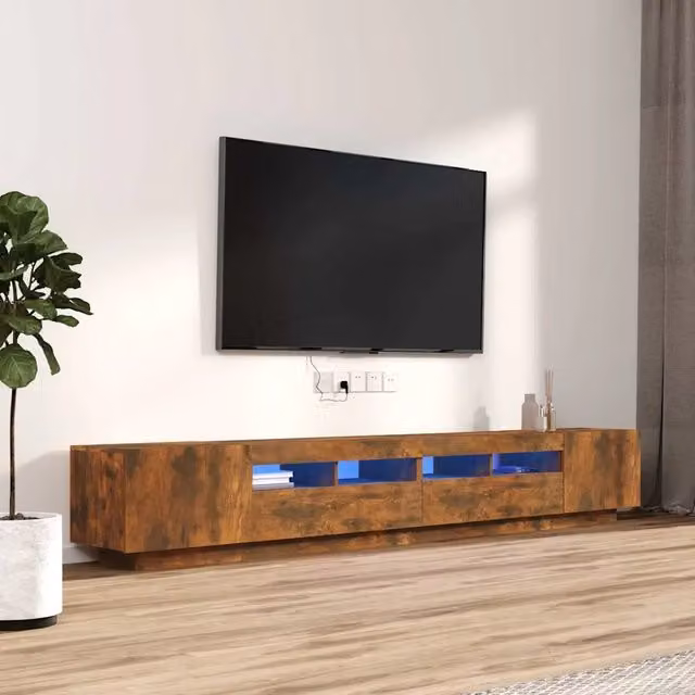 Set di mobili TV moderno vidaXL in legno multistrato color rovere fumo con luci LED integrate per il tuo soggiorno, 3 pezzi – 1