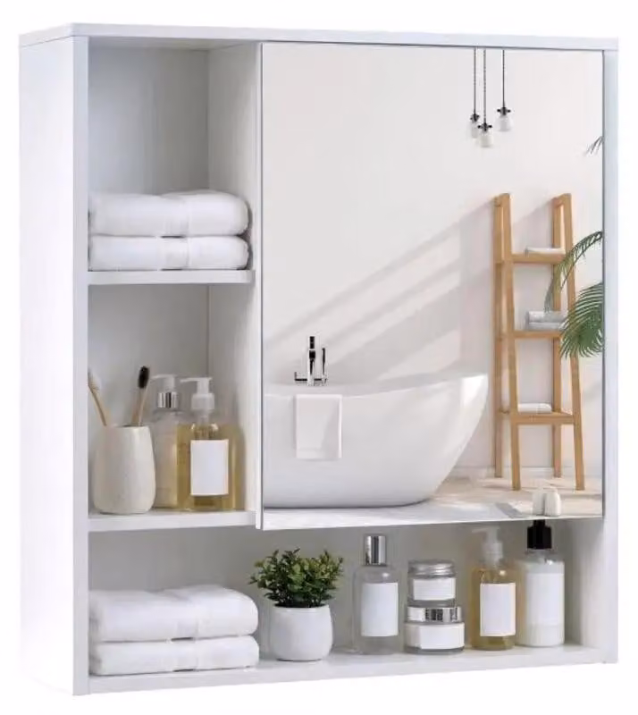 Mobiletto da bagno con specchio, anta singola e 3 ripiani aperti, colore bianco