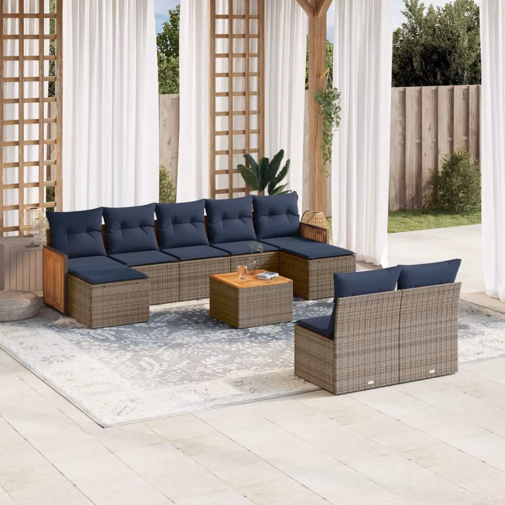 Set di divani da giardino vidaXL in polyrattan grigio con cuscini, tavolino e pouf, design moderno a L