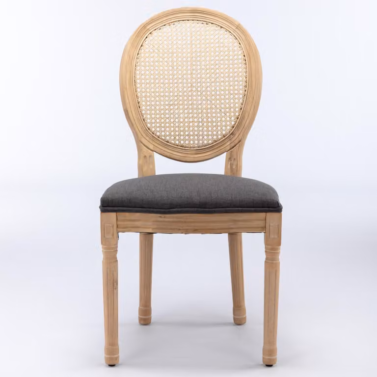Sedia da pranzo in legno massello, stile francese, con telaio robusto, decorata con un dipinto antico, rivestita in lino e con schienale in rattan. Set di 2, colore grigio, modello DE1843DG, grigio