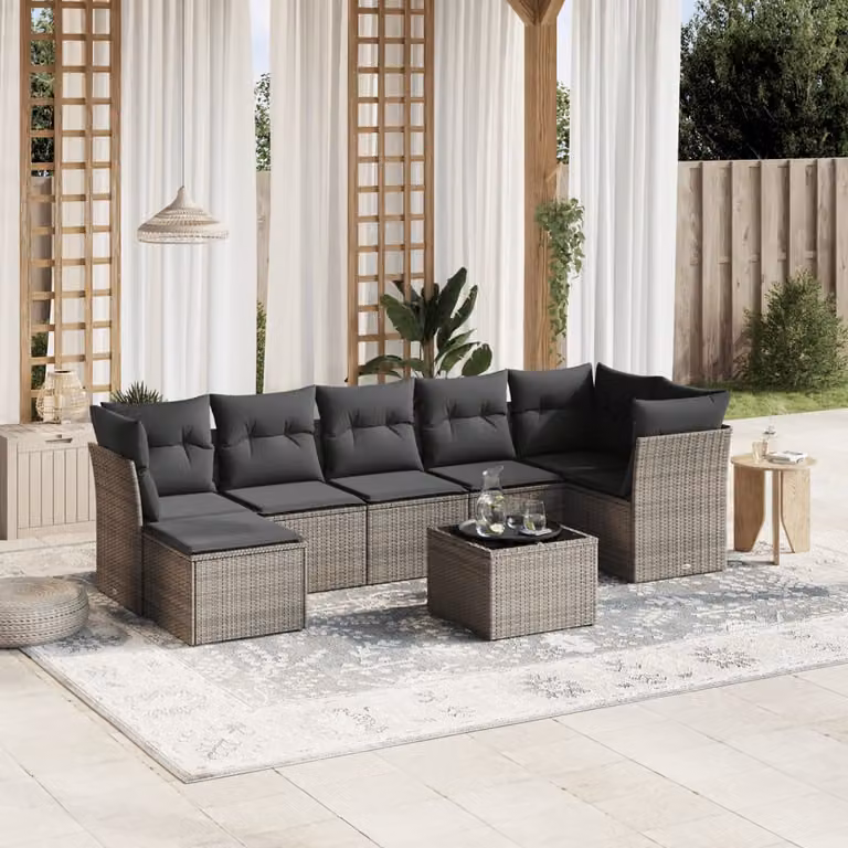 vidaXL Set Divano da Giardino 8 pz a Forma di L con Cuscini Grigio in Polyrattan e Tavolino in Vetro