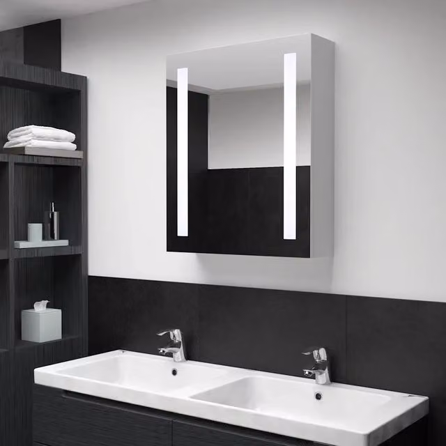 Armadietto da bagno moderno Design Mania con specchio e illuminazione LED, bianco e argento, L: 50 cm, P: 13 cm, H: 70 cm