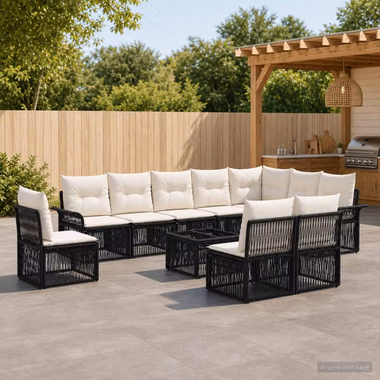 Set Divano da Giardino Moderno vidaXL 11 pz Nero in Polyrattan con Cuscini e Tavolino da Esterno a Forma di U