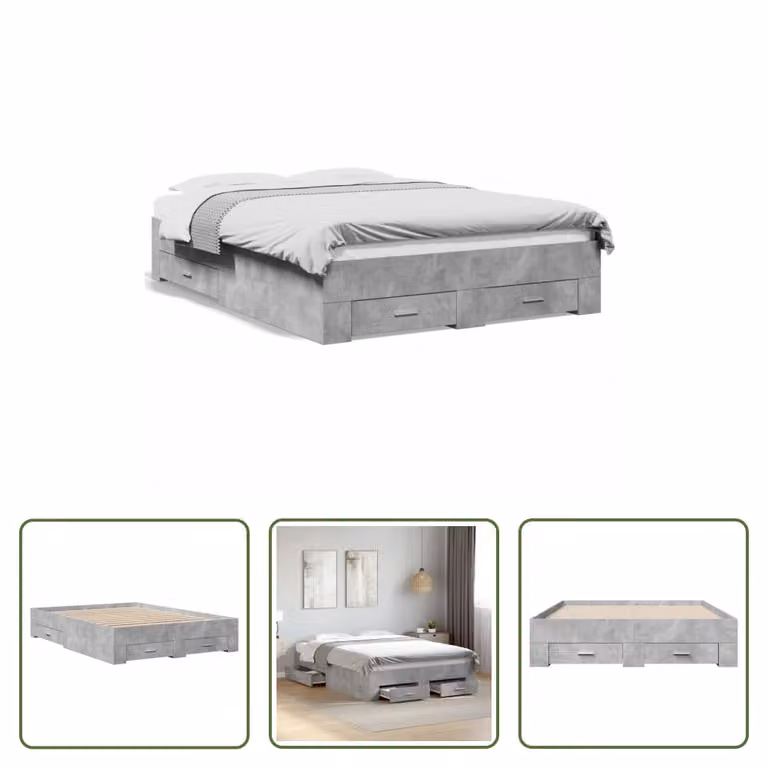 The Living Store Struttura letto con cassetti in cemento grigio 140x190 cm Materiale legno
