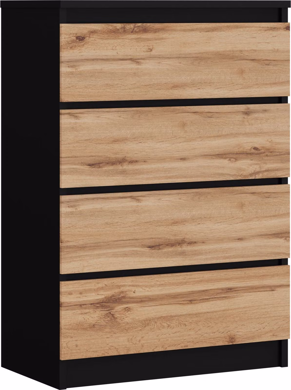 Comodino con 4 cassetti, colore: nero / rovere Wotan, dimensioni: 70 x 101 x 39 cm