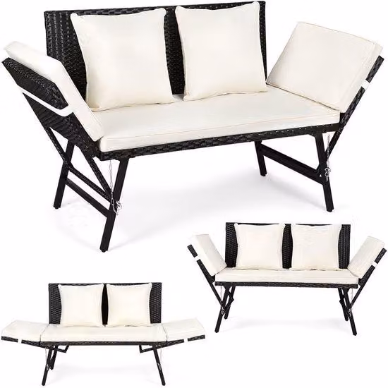 Panchina da giardino in polyrattan con lettino prendisole e braccioli regolabili - Panchina da esterno per giardino, terrazza o balcone - Beige
