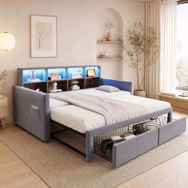 Letto Mivray con letto estraibile e due cassetti in velluto grigio chiaro, dotato di illuminazione LED, prese USB Type-C e rete a doghe, L/P/H: 90 x 190 x 104 cm