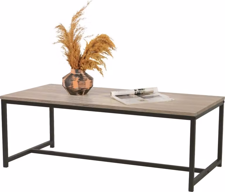 Tavolino basso stile industriale collezione RANONG - Color quercia chiaro con piede in metallo nero, dimensioni 100x50x36 cm