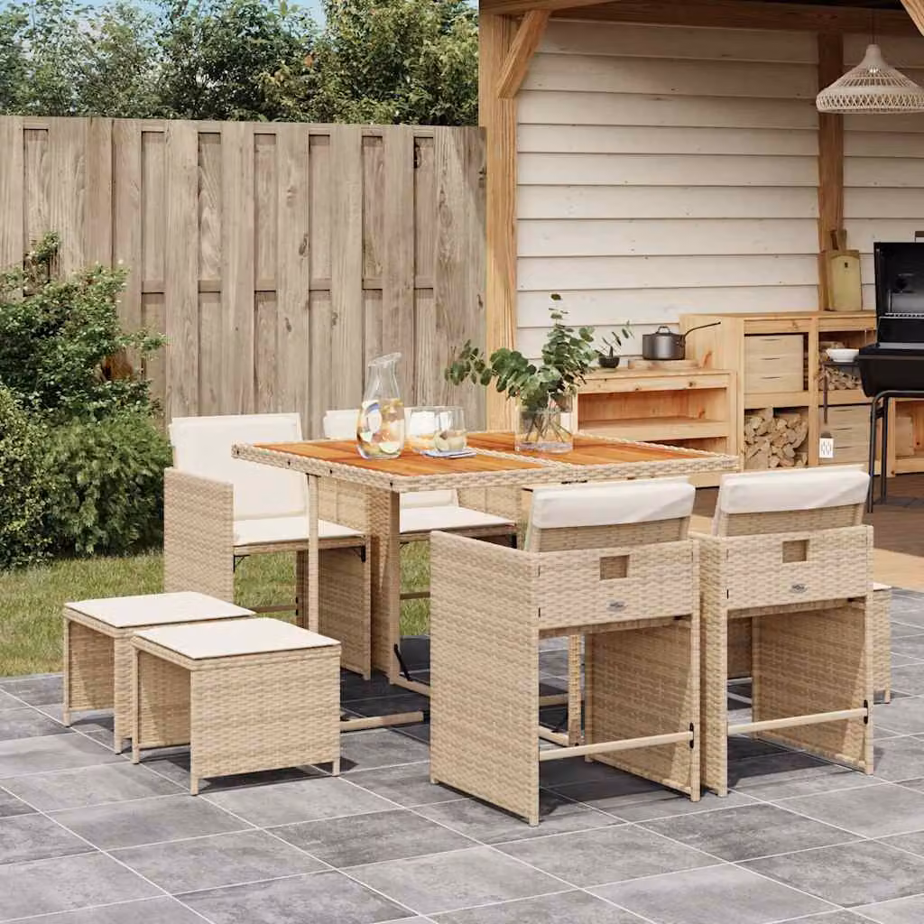 vidaXL Set da Pranzo da Giardino 9 pz in Polyrattan e Legno di Acacia con Cuscini Beige – 1