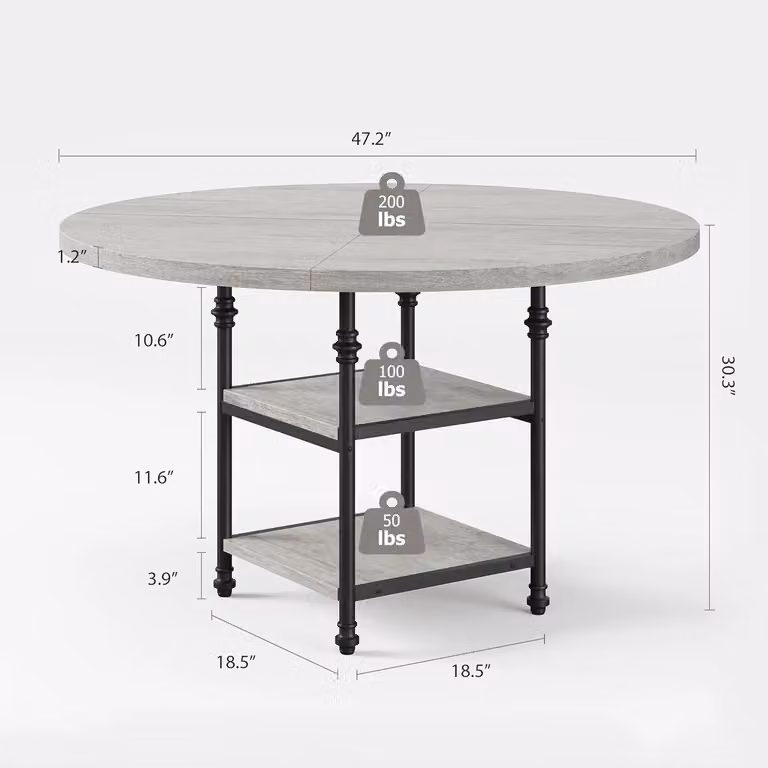 Tavolo rotondo da pranzo, diametro 120 cm - Tavolo per la cucina e la sala da pranzo - Adatto per 4-6 persone - Struttura in legno - Base cilindrica con spazio contenitivo - Stile moderno - Colore grigio