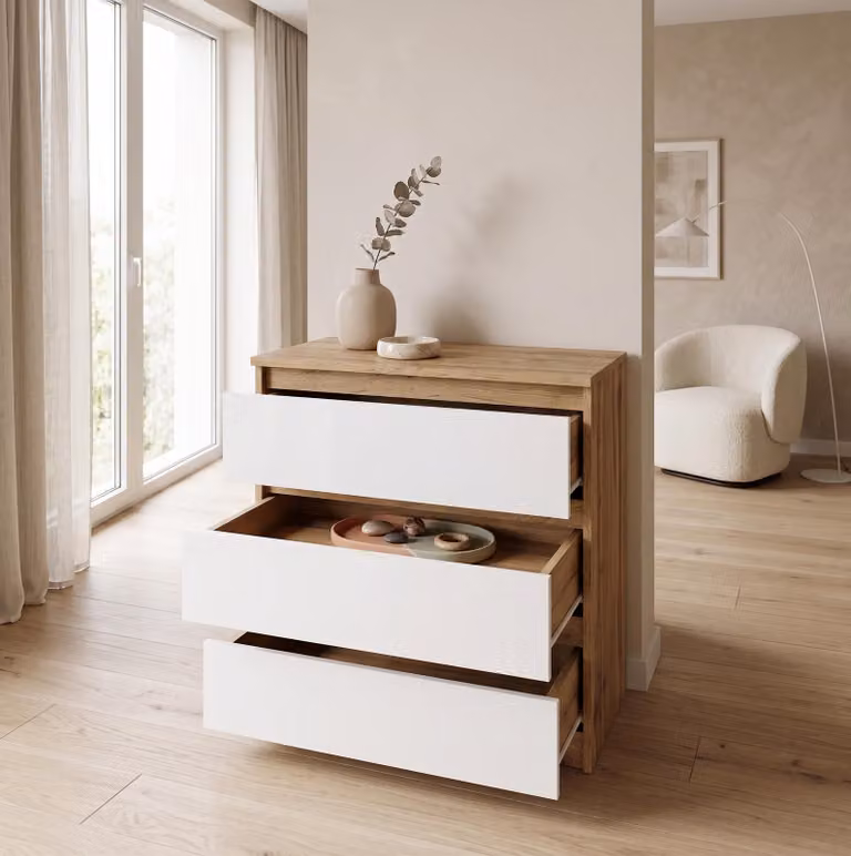 Comodà moderna con 3 cassetti | Comodà bianca | Comodà a cassetti 70x74,5x40 cm | Per camera da letto, soggiorno e ingresso, Wotan/Bianco