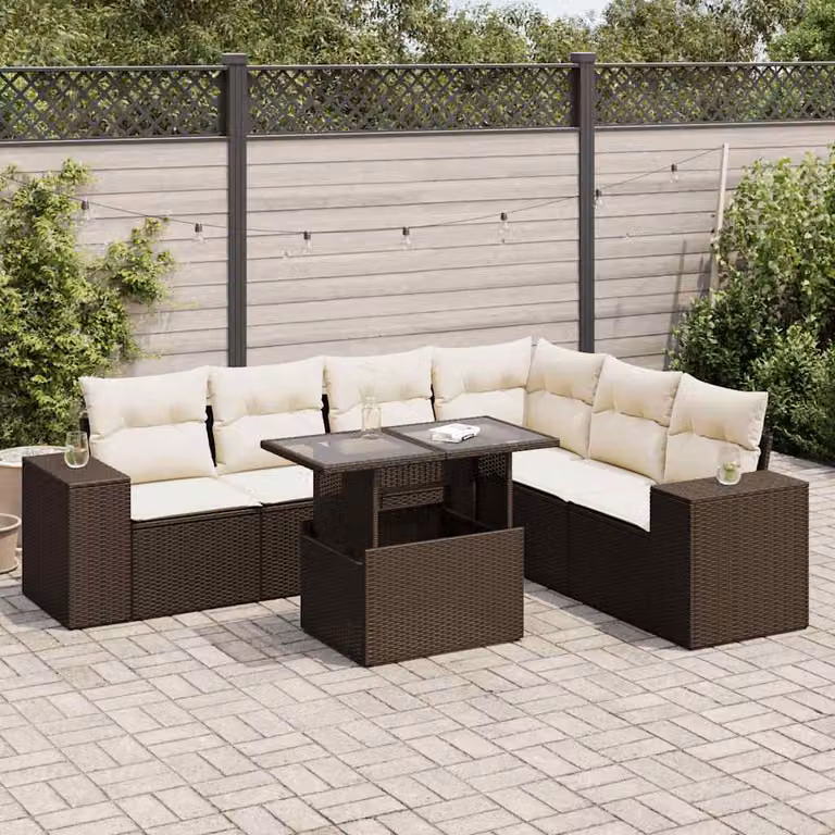 Set Divani da Giardino vidaXL 7 pz in Polyrattan Marrone con Cuscini e Tavolino da Esterno