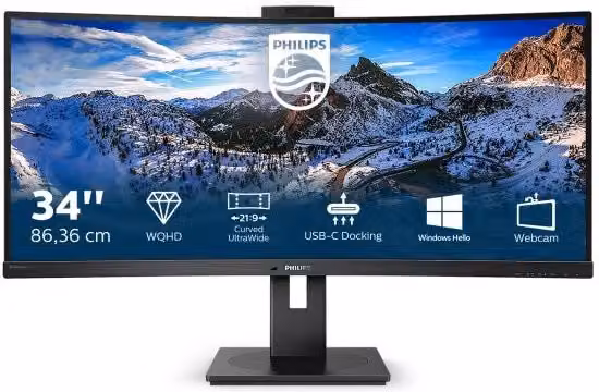 Monitor PC Philips P-Line 346P1CRH/00 Ultrawide Quad HD 34 pollici LED Nero con USB-C, HDMI, DisplayPort ed Ethernet/LAN