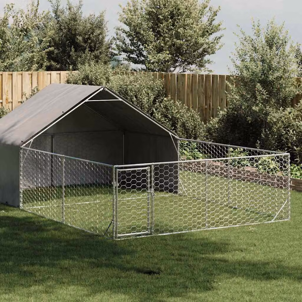 vidaXL Cuccia per Cani da Esterno con Recinto in Acciaio Zincato Grigio L: 6 m, P: 3 m, H: 1,9 m