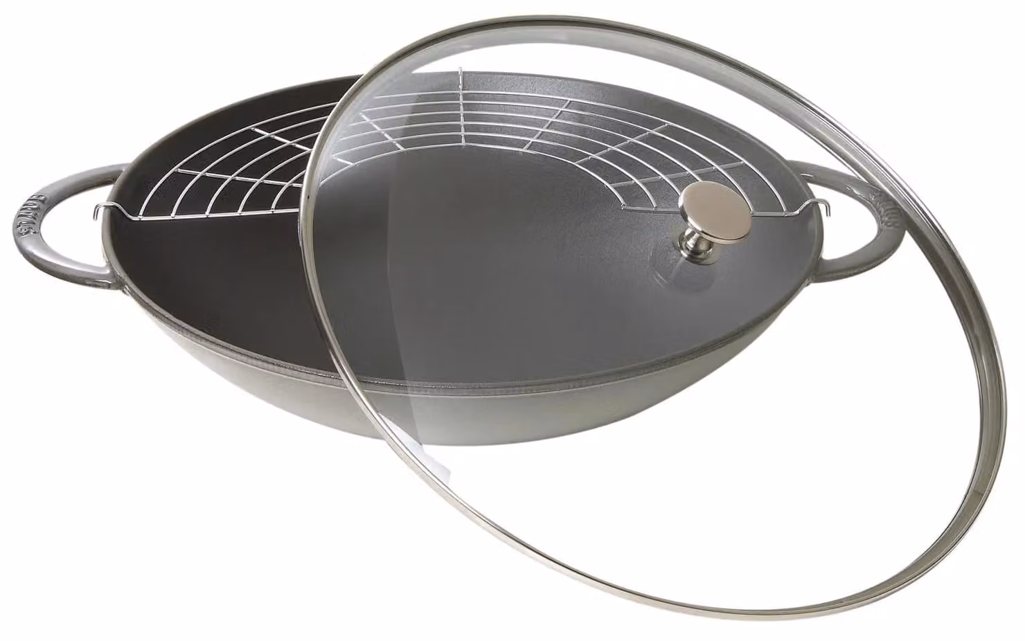 Wok in ghisa per induzione colore grigio con maniglie e coperchio in vetro , diam. 37cm