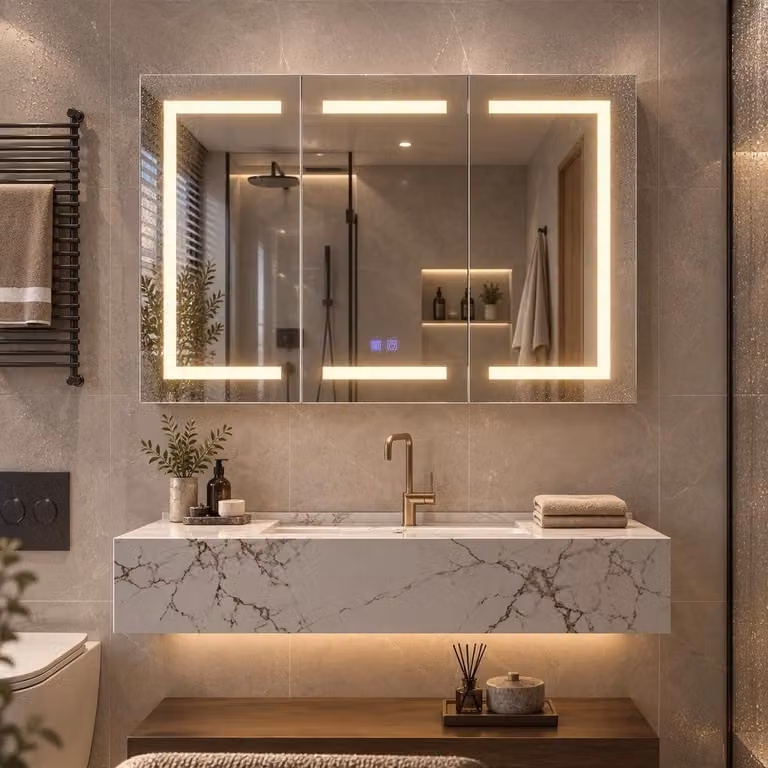 Armadio a specchio 120x13x90 cm, mobile bagno con LED e 3 ante. Armadio a specchio per il bagno con 3 LED e funzione antiappannamento. Mobile bagno con specchio e ante in vetro