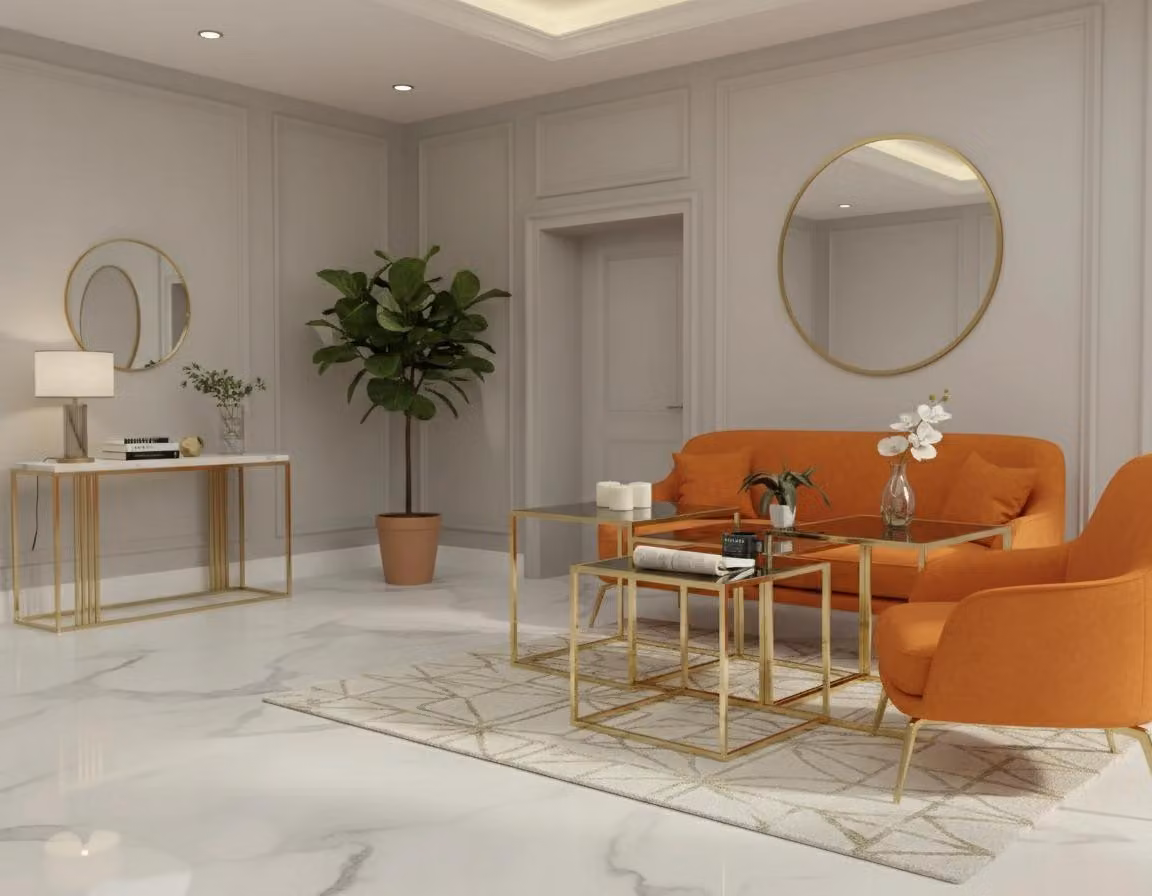Tavolino da salotto moderno, minimalista, dorato, elegante, di classe e confortevole