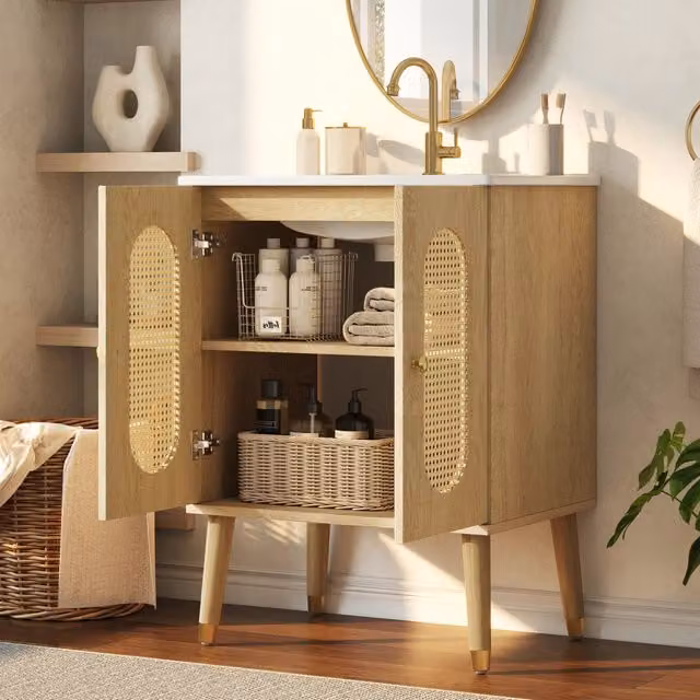 Mobile sottolavabo freestanding in MDF con lavabo in ceramica, ante in rattan e ripiani fissi