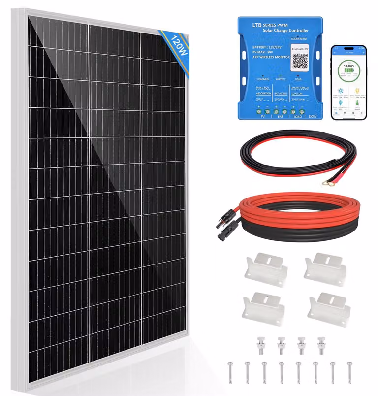 Kit pannello solare - 120 W - Monocristallino - Telaio in alluminio - Con regolatore Bluetooth - Adatto per camper e barche