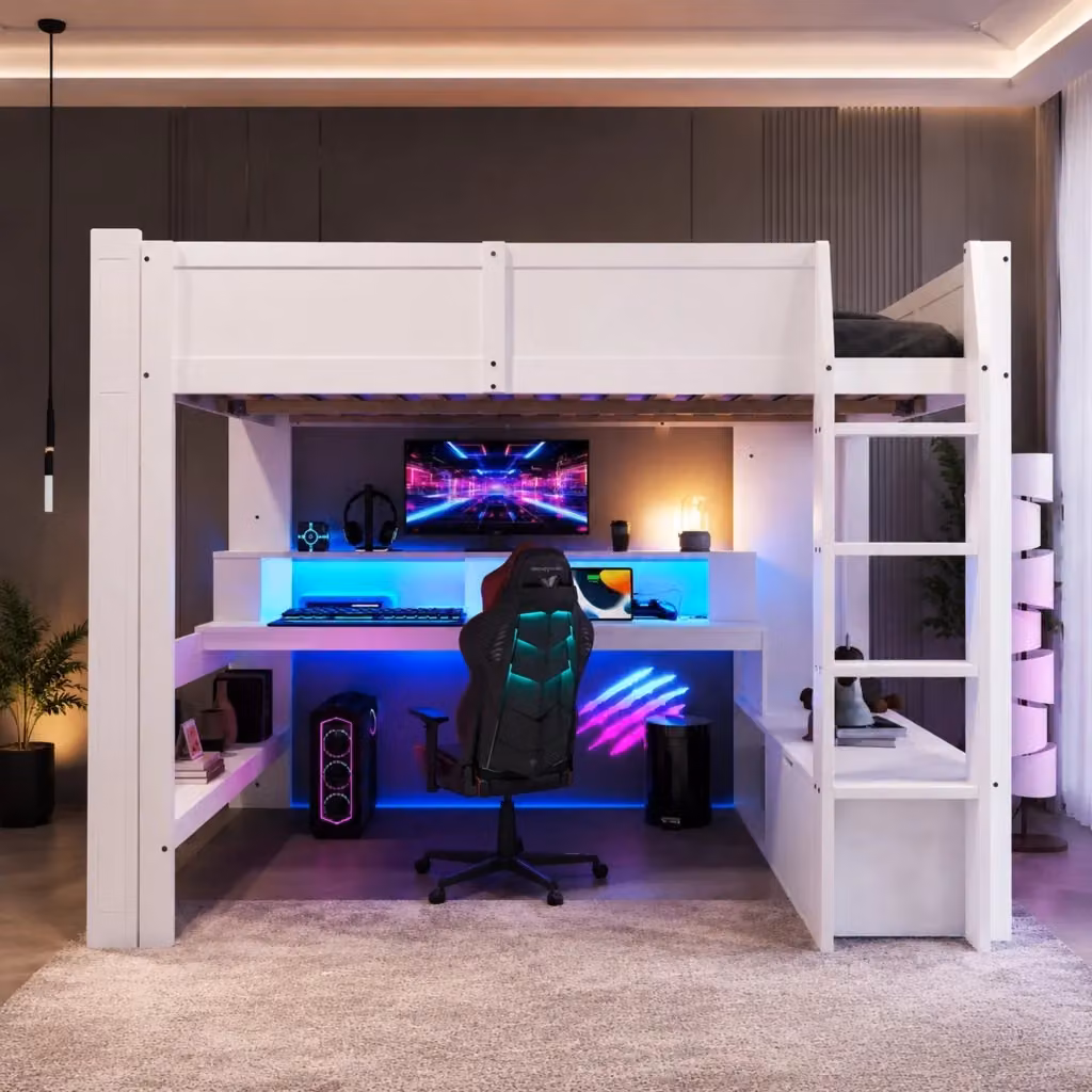 Letto a soppalco Mivray bianco con scrivania, cassetti, scaffali e illuminazione LED in legno di pino e MDF, L/P/H: 200 x 140 x 218 cm – 2