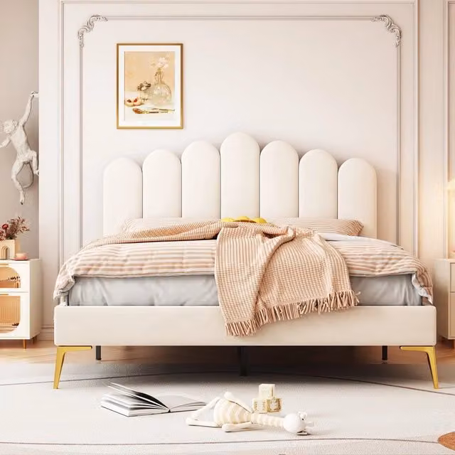 Letto imbottito matrimoniale ¨C Minimal ¨C Beige velluto 140x200cm con testiera rete a doghe