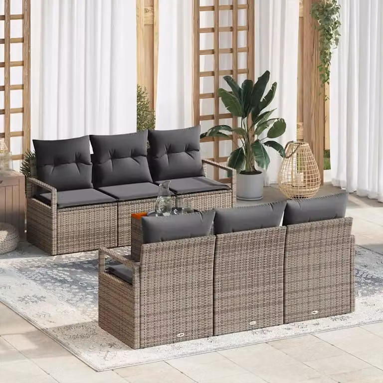 Set Divano da Giardino vidaXL 7 Pezzi Grigio con Cuscini e Tavolino in Polyrattan e Acciaio