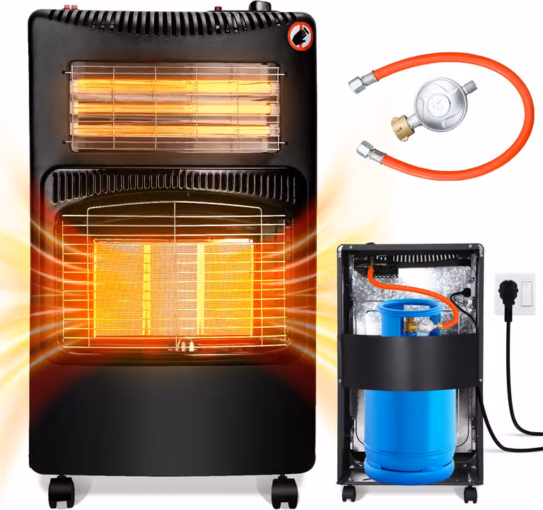 Riscaldatore a infrarossi nero, 4200 W a gas + 1200 W elettrico, con 3 livelli di riscaldamento, regolatore di pressione e tubo flessibile, modello mobile con 4 ruote