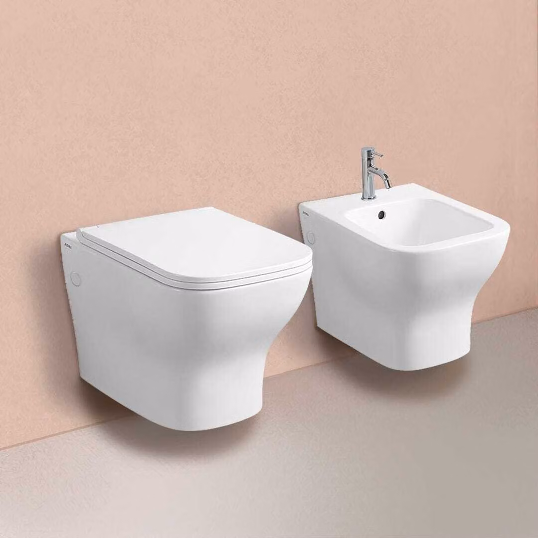 Coppia di sanitari sospesi in Vetroceramica bianco lucida | Swing