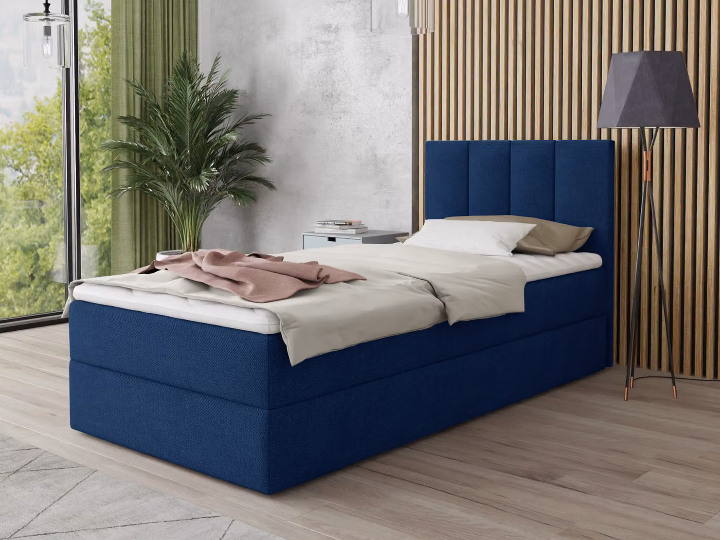 Letto boxspring Star Mini con contenitore, materasso Bonell e topper - Letto singolo con topper, letto imbottito, letto, camera da letto, camera dei ragazzi (blu scuro (Kronos 09), 80 x 200 cm)