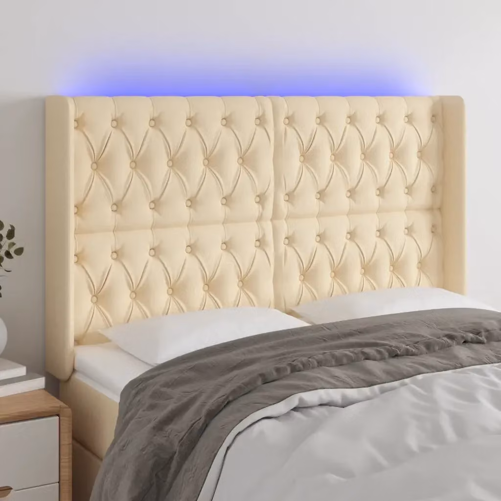 Testata del letto con illuminazione LED e porta USB in tessuto beige L: 163 cm, P: 16 cm, H: 118/128 cm – 2
