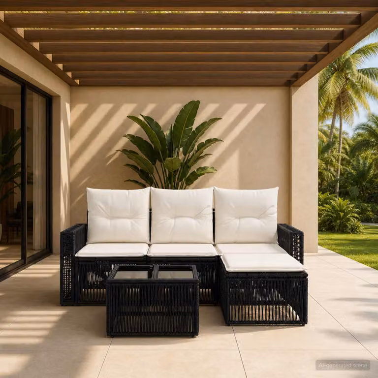 Set Divano da Giardino 5 Pezzi vidaXL in Polyrattan Nero e Bianco Crema con Cuscini e Tavolino