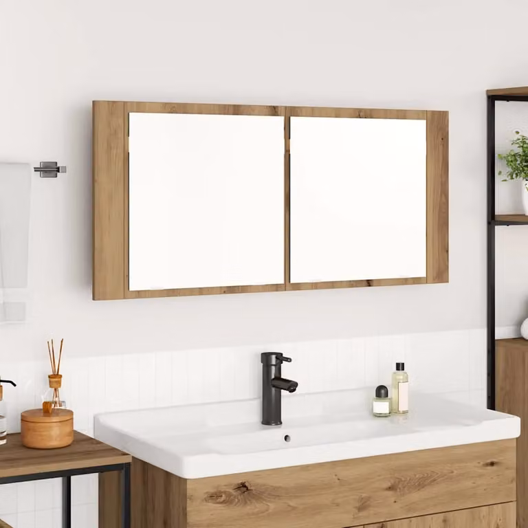 Armadio da bagno con specchio e illuminazione LED vidaXL in rovere marrone, L 100 x P 12 x H 45 cm