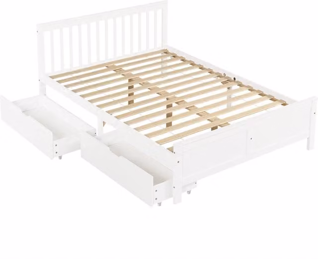 Letto matrimoniale in legno di pino bianco con cassetti contenitori 140x200 cm