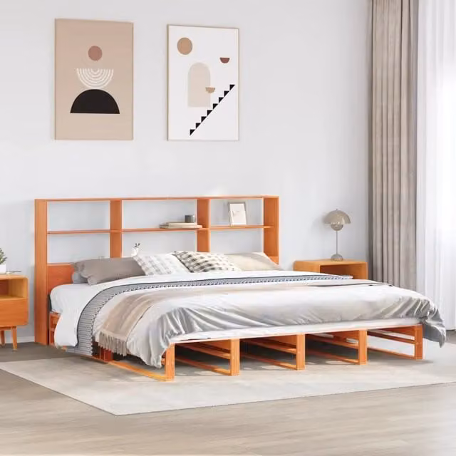 Letto Libreria vidaXL in Legno di Pino Marrone Cera con Ripiani Laterali L/P/H: 200 x 180 x 110 cm