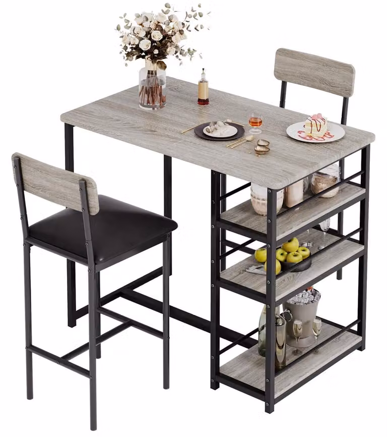 Set tavolo e sedie per 2 persone, composto da un tavolo da bar a 3 ripiani, 3 aree di appoggio, sedie imbottite, colore grigio, dimensioni 91x50x91 cm