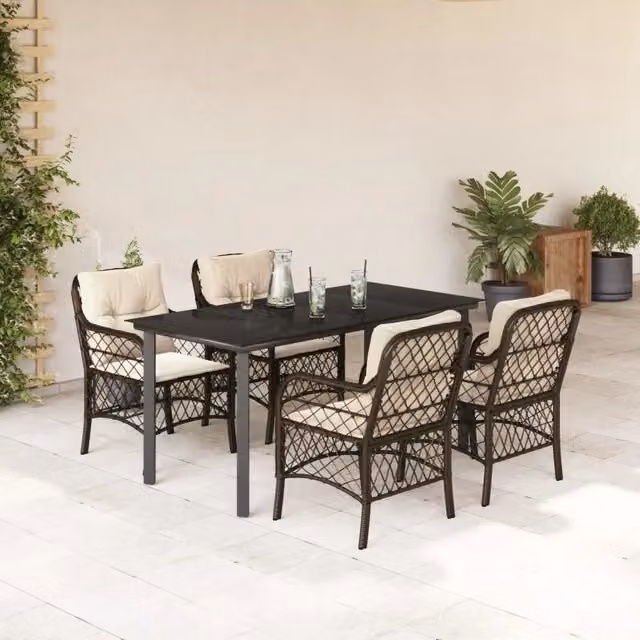 Set da Pranzo da Giardino 5pz con Cuscini in Polyrattan Marrone 3212120