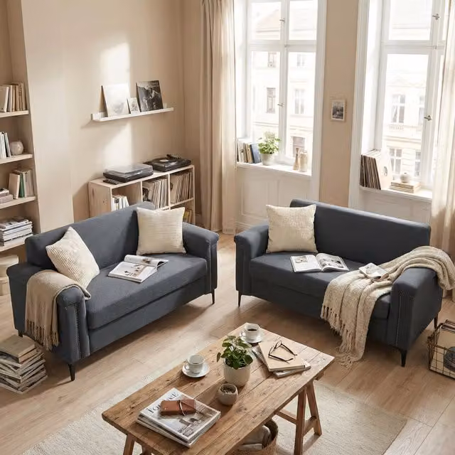 Divano lineare 2 posti con seduta imbottita e piedi in metallo in tessuto grigio scuro 172×73.5 cm