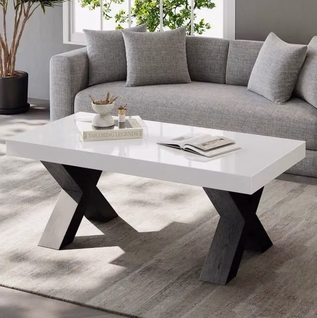 Tavolino 100x50x40 cm bianco e nero, piano lucido, gambe a X, MDF,