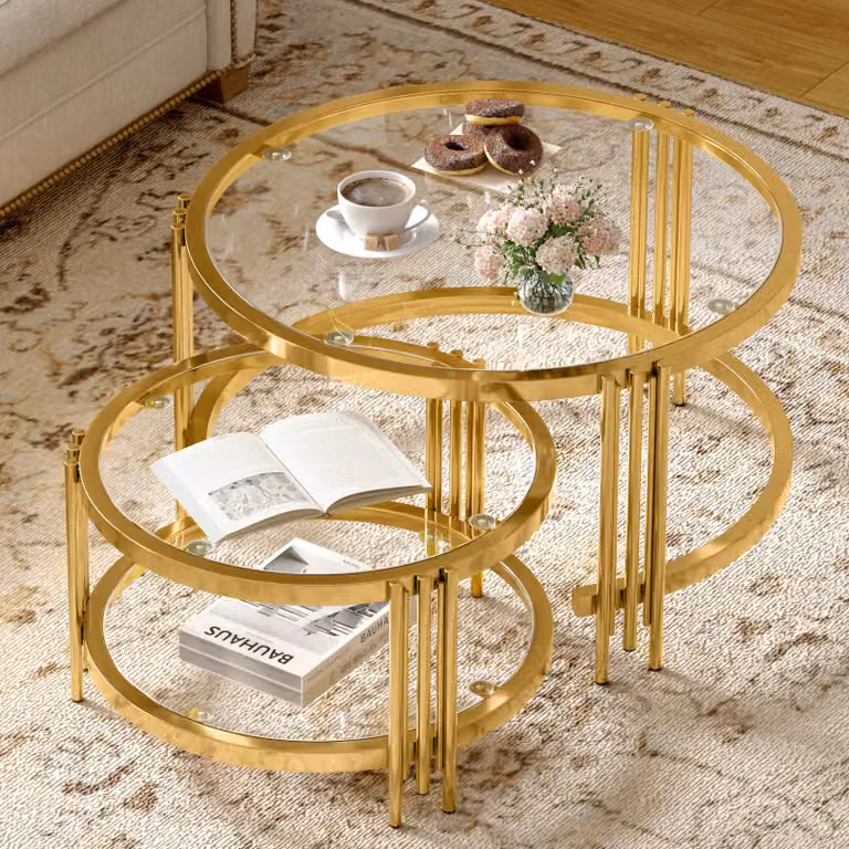 MODFU Set da 2 tavolini da salotto rotondi, set composto da un tavolo da salotto e 2 tavolini di servizio, color oro con struttura in metallo, 80×80×45 cm