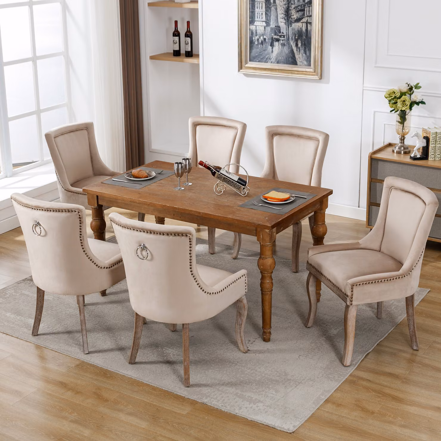 Set di 6 sedie da sala da pranzo Flieks, sedie da cucina imbottite con gambe in legno massiccio, sedia da sala da pranzo con rivestimento in velluto, beige