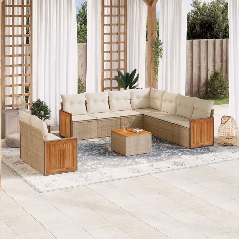 vidaXL Set Divano da Giardino a L 10 pz in Polyrattan con Cuscini Beige e Tavolino da Esterno