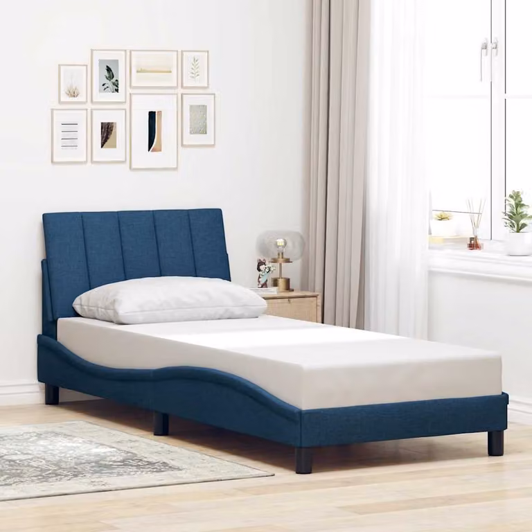 vidaXL Giroletto Hanko Blu in Tessuto con Doghe in Legno 90x200 cm