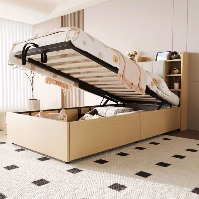 Letto singolo 90x200 cm in legno; contenitore idraulico; testiera con vani e presa USB-C; naturale