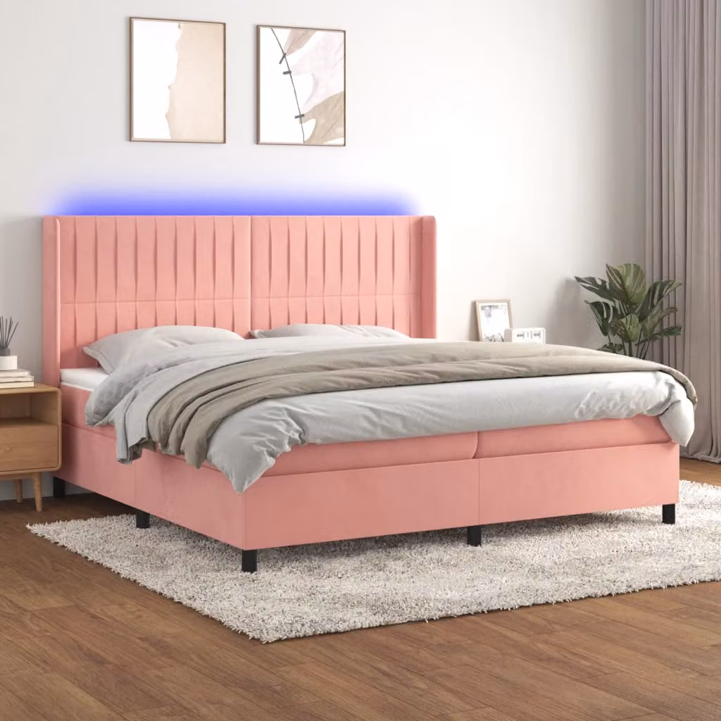 Letto Ibrido con Materasso e LED vidaXL in Velluto Rosa, L/P/H: 200 x 200 x 128 cm – 1