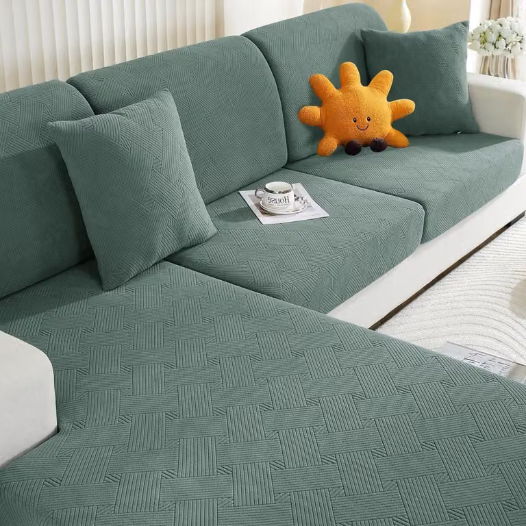 Copertura elastica per cuscini da seduta, colore verde, adatta per 1 divano a 2 posti e una chaise longue, motivo geometrico, antiscivolo, protezione a 360°