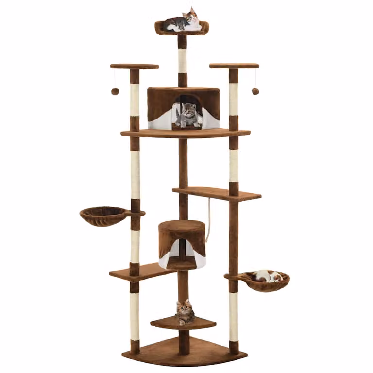Albero per gatti e tiragraffi vidaXL con cave e giocattoli integrati, marrone e bianco, Altezza: 203 cm