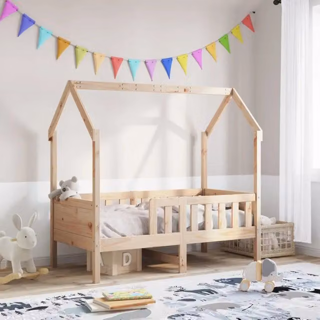 Giroletto a casetta per bambini vidaXL in legno di pino massello naturale, colore marrone, L/P/H: 140 x 70 x 75,5 cm