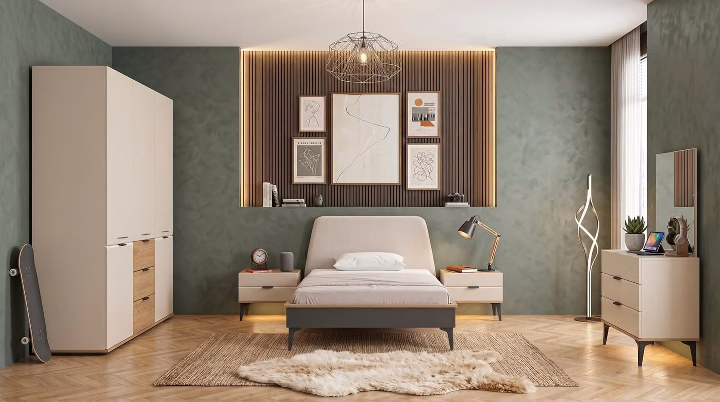 Letti, armadi, comodini e cassettiere beige, ideali per una camera da letto per adolescenti, dal design moderno e lussuoso